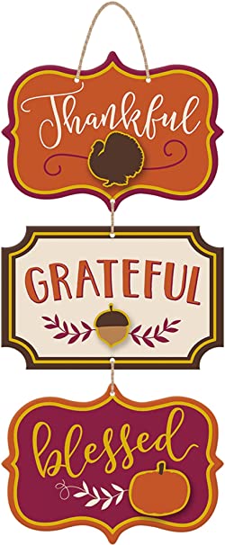 amscan Thanksgiving"Thankful""Grateful""Blessed" Triple Sign, 8" x 8", Multicolor