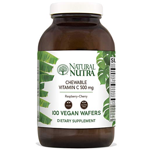 Natural Nutra Chewable Vitamin C Supplement 500 mg with Acerola, Bioflavonoids and Rosehips for Kids and Adults, High Potency, Delicious Raspberry and Cherry Flavor, 100 Vegan Wafers