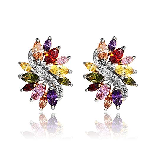 White Gold Plated Multicolor Cubic Zirconia Earrings With Gift Box and Velvet Gift Bag