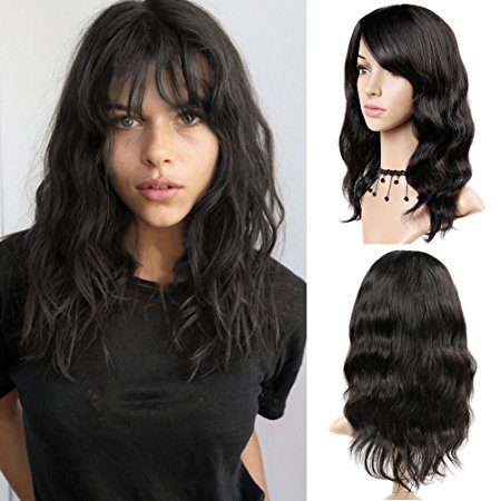 WIGNEE 100% Virgin Human Hair Natural Wave Wigs with Bangs Brazilian Human Hair Wave Wigs Natural Black Color (16")