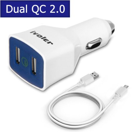 Qualcomm Certified Dual Quick Charge 20 36W 2 Ports USB Car Charger iVoler Adaptive Fast Charge Car Charger for Samsung Galaxy S6  S6 EdgeEdge Samsung Galaxy Note 5 Note 4Note EdgeLG V10 Nexus 6 Motorola Droid Turbo 2Droid Turbo Moto X 2014 HTC One A9M9M8 LG G Flex2 Asus Zenfone 2 Sony Xperia Z5Z4Z3amp more - Dual Turbo Rapid QSmart Ports both supports QC 20 12V9V5V2A FREE Extra Long 65ft2m Micro USB Cord Cable White