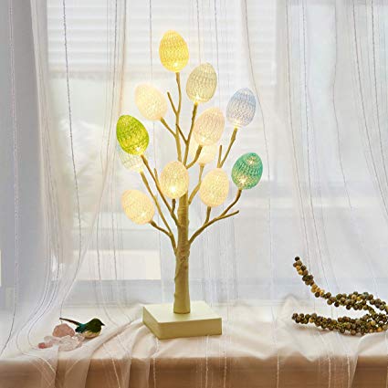 Hairui Lighted Pastel Green Tree with Multicolor Eggs 12LED 18IN Battery Operated with Timer for Christmas Easter Home Decoration Indoor Use