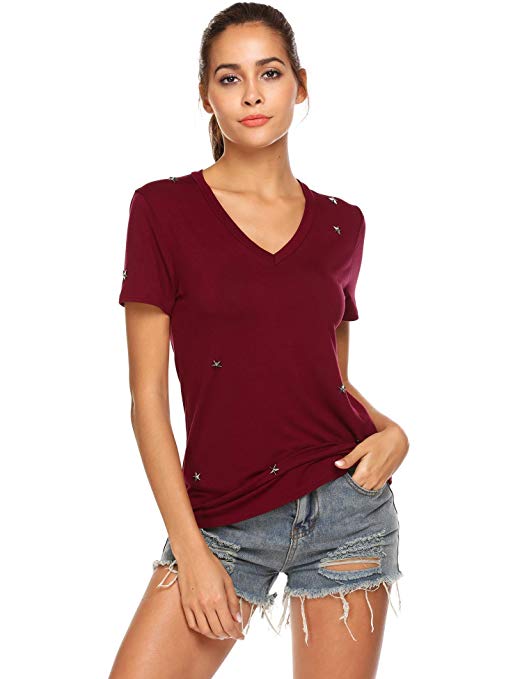 EASTHER Women's V Neck Short Sleeve Top Casual Basic Solid Tee T Shirts Star Rivets