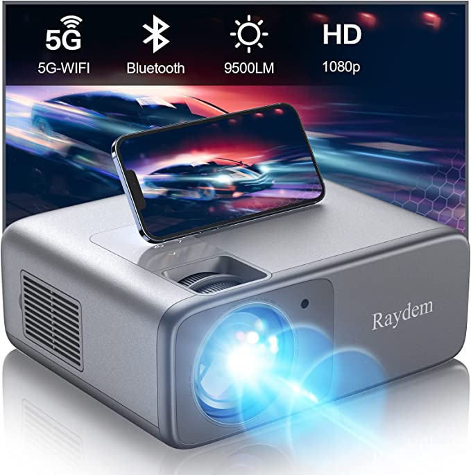 Raydem Video Projector 9500L, Native 1080P 200" Display, 5G WiFi and Bluetooth 5.0, Outdoor LED Portable Projector Supports 4K, HD, Home Movie Theater Projector Compatible with Roku, PC, HDMI, iPhone