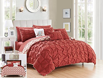 Chic Home 10 Piece Yael Pleated Pintuck and Aztec inspired printed REVERSIBLE with Elephant Embroidered pillow King Bed In a Bag Comforter Set Brick