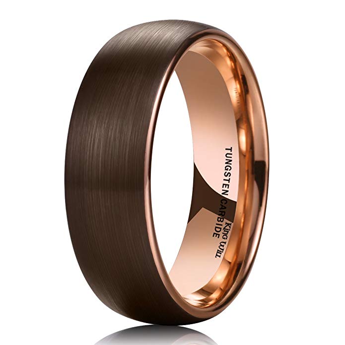 King Will Duo 8mm Dome Brown Tungsten Carbide Wedding Band Ring Rose Gold Inside Comfort Fit