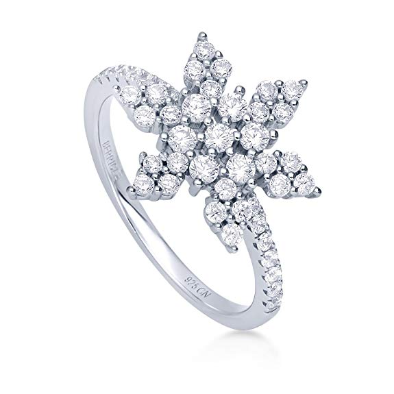 BERRICLE Rhodium Plated Sterling Silver Cubic Zirconia CZ Snowflake Fashion Right Hand Ring