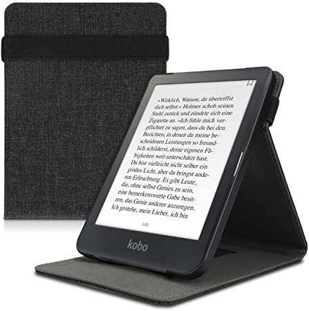 kwmobile Cover Compatible with Kobo Clara HD - Fabric e-Reader Case with Hand Strap and Stand - Fabric Dark Grey