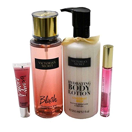 Victoria's Secret Set includes: Hydrating Body Lotion Coconut Milk, Fragrance Mist Blush, Edp Rollerball Bombshell and Beauty Rush Flavored Gloss Candy Baby