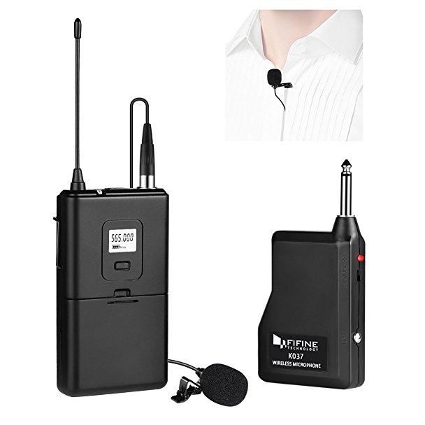 Fifine Wireless Lavalier Lapel Microphone System UHF 20 Channels with 1 Transmitter,1 Receiver 1/4 Inch Output,1 Lapel Mic.Ideal for teaching, preaching and public speaking applications.(K037B)
