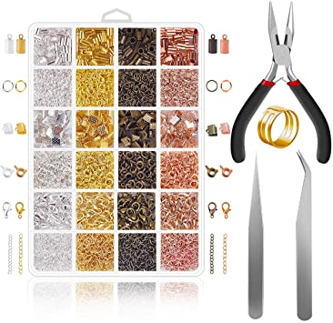 Jewelry Making Supplies - 1540Pcs Jewelry Findings Kit Extended Chain with Lobster Clasp Spring Clasp End Caps Jump Ring Ribbon Ends for Necklace DIY Making