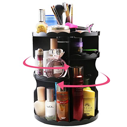 Makeup Organizer 360 Cosmetic Case Storage Box Rotating Diamond Adjustable(Black flower)