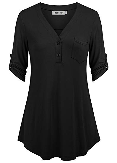 Tencole Henley Shirts Women Button V Neck 3/4 Roll-up Sleeve Office Blouses