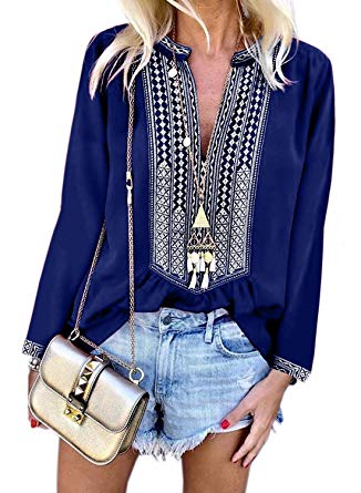 FARYSAYS Women's Summer Boho Embroidered V Neck Short Sleeve Casual T-Shirt Tops Loose Blouse