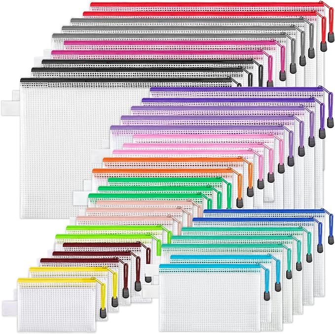 JARLINK 40pcs Mesh Zipper Pouch, 8 Sizes Waterproof Zipper Bags for Board Games Storage, 16 Colors Organization Pouches for School Supplies, Office Appliances, Cosmetics, and Travel Accessories