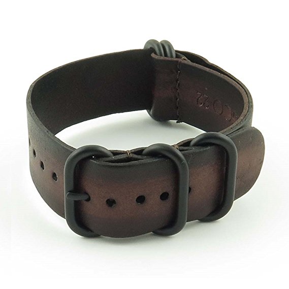 StrapsCo Vintage Nato Zulu G10 Leather Watch Strap with Polished Matte Black Rings