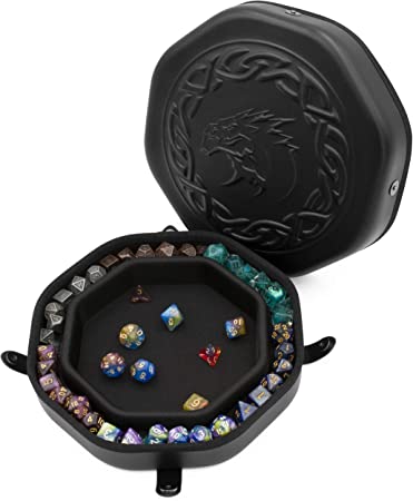 CASEMATIX Dice Tray and Dice Storage Case for Up to 115 RPG Dice - Dice Tray for Rolling with Magnetic Snaps, Embossed Dragon Design and Non-Scratch Interior for Random Rolls Dice Protection