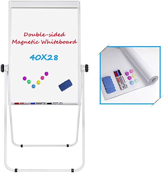 Stand White Board, Magnetic Dry Erase Board 40 x 28 inches Flipchart Pad Double Sided, Height Adjustable Portable Whiteboard with Paper Pad, 1 Eraser, 3 Markers, 6 Magnets, White