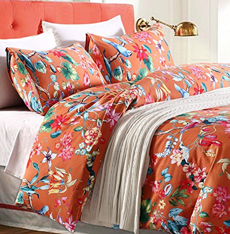 Tropical Garden Luxury 3 Piece Duvet Cover Set Island Tree Branch and Birds Multicolored Floral Pattern 100-percent brushed Cotton Twill (King)