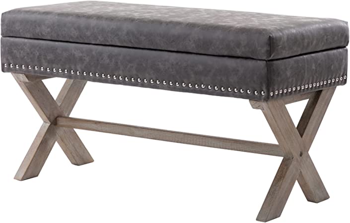 CIMOO Bedroom Storage Ottoman Bench, Grey PU Leather Upholstered Bed Bench Accent Hallway Bench for End of Bed, Entry, Kitchen, Dining Room-36’’Dx16’’Wx20’’H