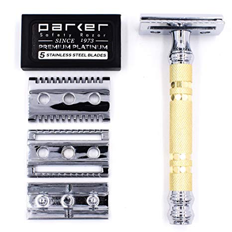 Parker Convertible - Dual Head Safety Razor (Open and Closed Comb Head) & 5 Parker Double Edge Blades - Easily Adjustable for Mild or Aggressive Double Edge Shaving