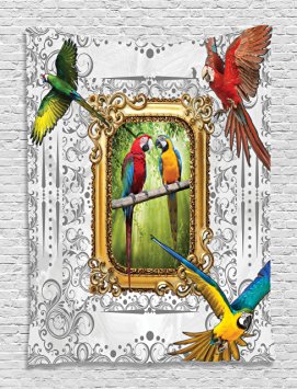 Magical Birds Dream Parrots Imaginary Art Ceremony Myth Wild Jungles Simurgs World of Animals Digital Printed Tapestry Wall Hanging Living Room Bedroom Decor, Red Green Turquoise Yellow White