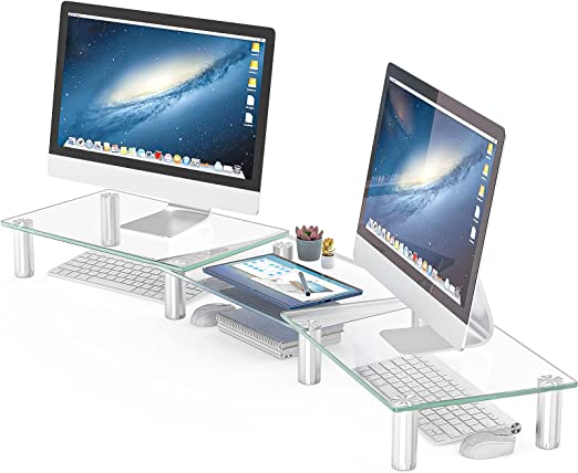 Hemudu Dual Monitor Stand -Adjustable Length and Angle Dual Monitor Riser, Computer Monitor Stand, Desktop Organizer, Monitor Stand Riser for PC, Computer, Laptop (Clear)