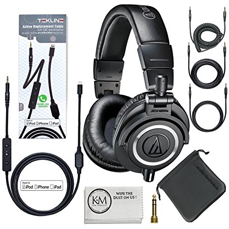 Audio-Technica ATH-M50x Professional Monitor Headphones (Black)   Tekline Iphone Lightning Replacement Cable