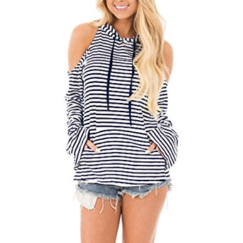 Women's Fashion Cold Shoulder Sweatshirts Striped Long Sleeve Casual Hoodie Pullover