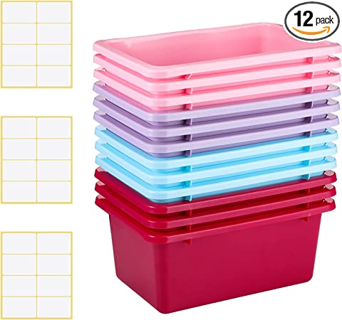 12 Pieces Plastic Cubby Bins Office Kids Storage Container Kids Toy Storage Organizer Bins with 1 Pack Self Adhesive Label for Classroom (Retro Colors, 11.6 x 7.7 x 4.9 Inch)