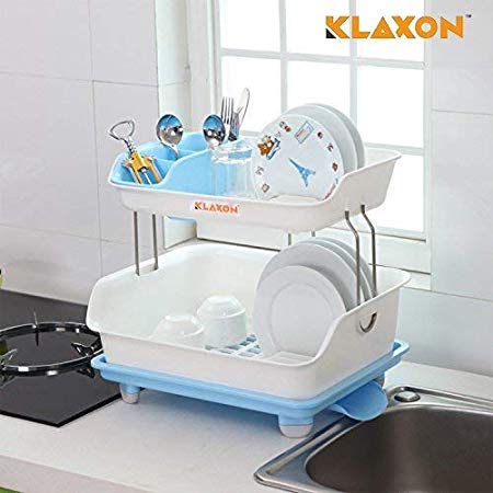 Klaxon Kitchen Dish Drainer Rack Plastic 2 Layer Dish Drainer Rack Basket - Blue & White