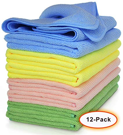 VibraWipe Microfiber Cleaning Cloths, 4 Colors, 12-Pieces. Highly Absorbent, Lint-Free, Streak-Free, for Kitchen, Car, Window