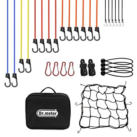 32pc Bungee Cord Set, Dr.meter Heavy Duty Bungee Cord Assortment- Includes 10”, 18”, 24”, 32”, 40” Bungee Cord with Plastic Coated Reinforced S Steel Hooks and 4 Canopy/Tarp Ball Ties