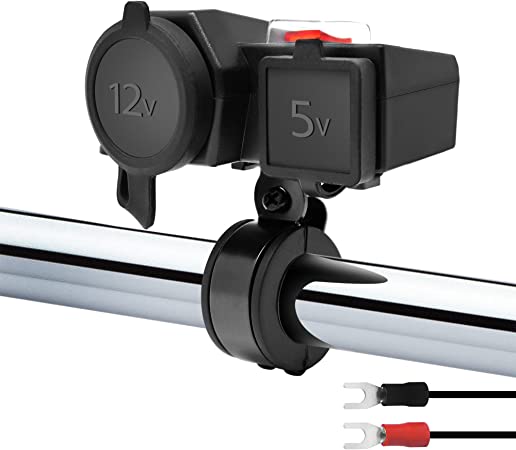 GoHawk Waterproof Motorcycle 5V Dual USB 2.1A Charger Adapter Kit Cable, 12V Car Cigarette Lighter Socket Outlet w/Power Switch, 7/8-1 1/8" Handlebar Clamp ATV UTV for Phone Camera