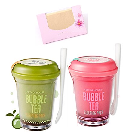 Etude House Bubble Tea Sleeping Pack Set(Green Tea   Strawberry)   SoltreeBundle Natural Hemp Paper 50pcs