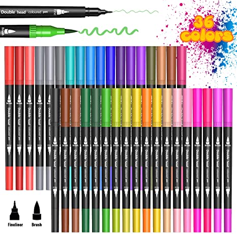 Dual Tip Brush Markers Pen, BOIROS 36 Colors Coloring Markers Watercolor Paint Pen for Adult Students, Painting, Lettering, DIY Card Making, Books Craft Coloring Doodling with Fine Liner Tip and Brush