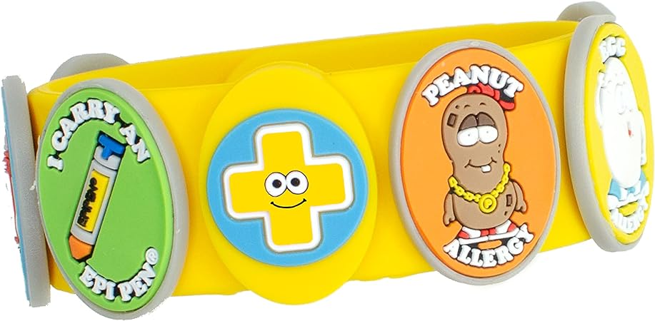 Food Allergy Bracelets for Kids – Bright, Fun Medical Charm Kit: Yellow Silicone Bracelet, Multiple Food Allergy Charms: Peanut, Nut, Dairy, Egg, Wheat & Epi Pen Charm, Medical Alert Bracelet for Kids