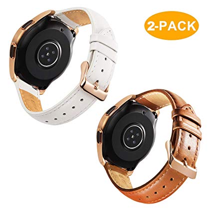 for Galaxy Watch 42mm Bands Leather - 2 Pack Softer Genuine Leather Watch Straps with Rose Gold Buckle, White and Brown