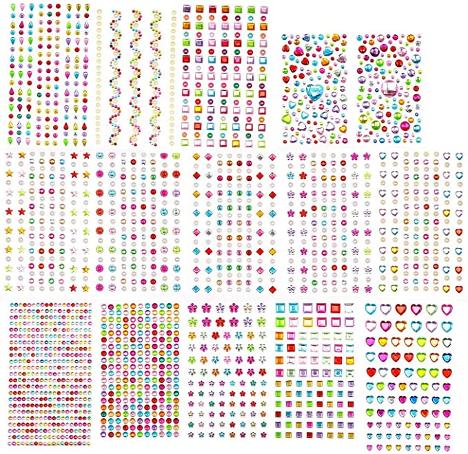 EKKONG 15 Sheets 2081 Pieces Self-Adhesive Rhinestones Stickers,Crystal Gem Stickers, Craft Jewels Stickers for DIY Crafts Decoration, Nails, Face, Photo Frame, Assorted Colors and Shapes (15 Sheets)