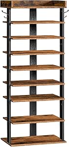 HOOBRO Narrow Shoe Rack, 9-Tier Tall Shoe Rack, Wooden Shoe Storage Organizer with 2 Hooks, Slim Shoe Shelf, Vertical Shoe Tower for Entrance, Industrial, Rustic Brown and Black EBF850XJ01