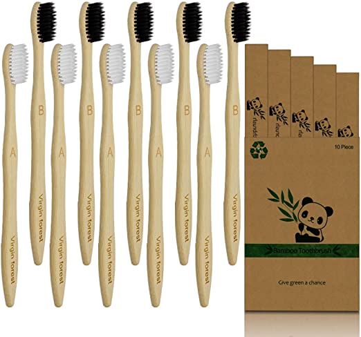 Bamboo Toothbrush, Eco Friendly BPA Free Soft Bristles Toothbrushes, Biodegradable Natural Wooden Toothbrush, Vegan Organic Bamboo Charcoal Tooth Brush for Sensitive Gums Set of 10 (5 Black & 5 white)
