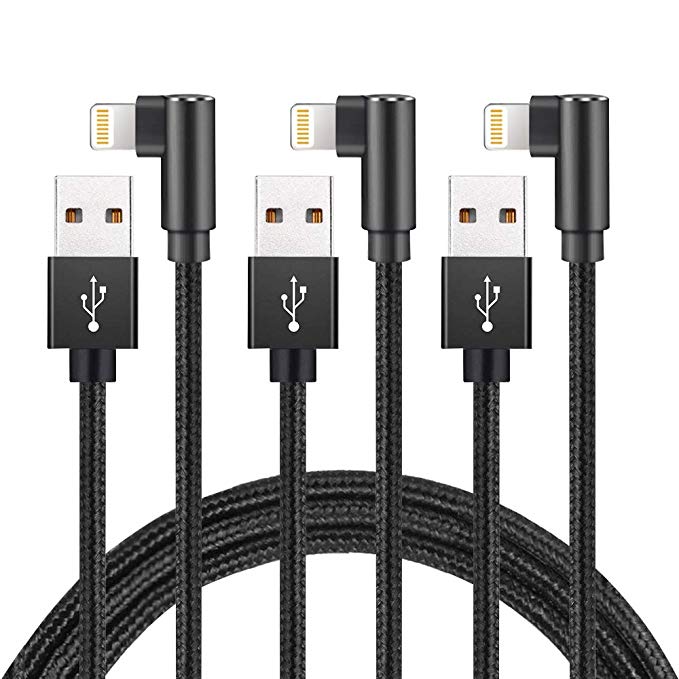 Right Angle iPhone Charging Cable USB Fast Charger Nylon Braided Data Cord Elbow Game Video Watching Compatible with iPhone Xs XR X 8 7 6 Plus 3 Pack (Black)