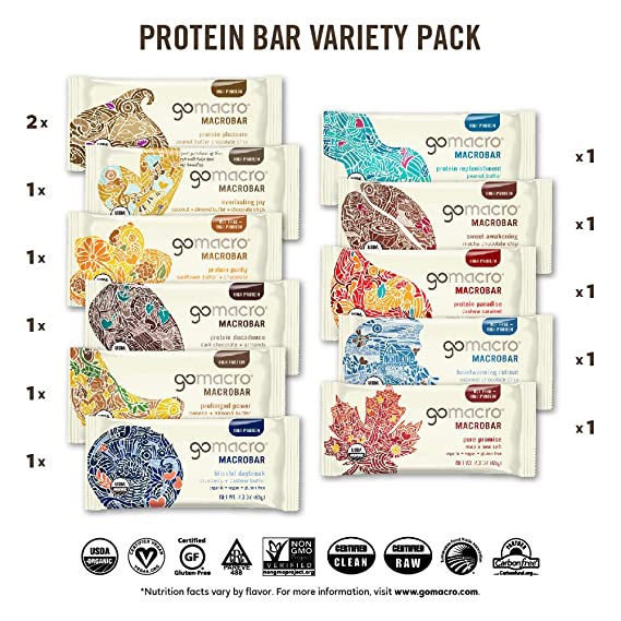GoMacro MacroBar Organic Vegan Protein Bars, Protein Variety Pack, 2.3-2.4 Ounce Bars (Pack of 12)