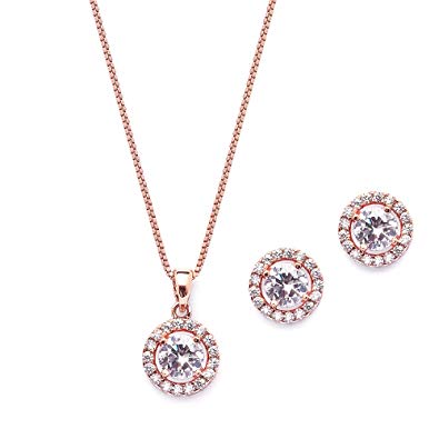 Mariell Ultra Dainty 10.5mm Cubic Zirconia Round Halo Necklace & Stud Earrings Set -14K Rose Gold Plated