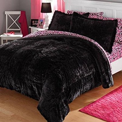 Stylish and Luxurious Long Fur Bedding Comforter Set (FULL / QUEEN, BLACK)