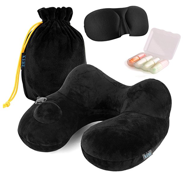 Inflatable Travel Pillow, TV Neck Pillows,KEBE Push-Button Self-Inflatable Soft U Shape Inflatable Neck Pillow Set for Airplane,Travel & Car,Come with Ear Plugs,Eye Mask & Drawstring Bag,Black