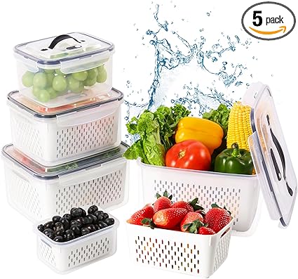 5PCS Fruit Storage Containers For Fridge, Produce Vegetable Saver Container With Lid Colander Vent Handle, BPA-Free Refrigerator Microwave Dishwasher Safe, Keep Fruits Veggie Food Meat Fish Fresh