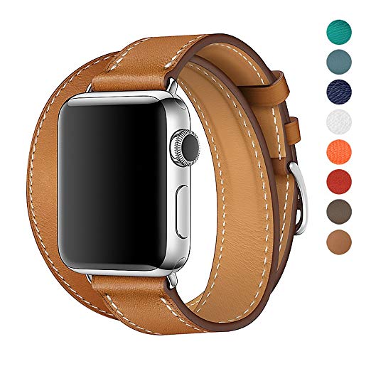 WAfeel for Apple Watch 38/42mm Leather Band Double Tour iwatch Strap Replacement Band with Stainless steel Clasp for Iphone Watch Series 3 Series 2 Series 1,Sport Edition Men Women (Brown, 42mm)