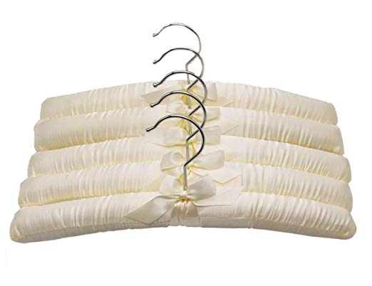 Luxehome Satin Padded Hangers for Delicate Wedding Dresses; Silk Hangers with Anti-Rust Heavy Duty Swiveling Chrome Hook for Winter Sweaters, Coats, Suit, Ivory White, Pack of 5