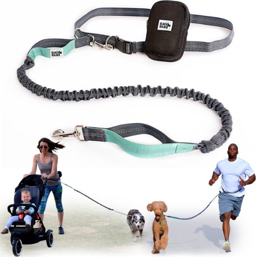 Black Rhino - Premium Hands Free Dog Leash for Running Walking Hiking - Durable Dual Handle Bungee Leash - Reflective Adjustable Waist Belt Fits up to 48" Waist - Double Side Mesh Pouch